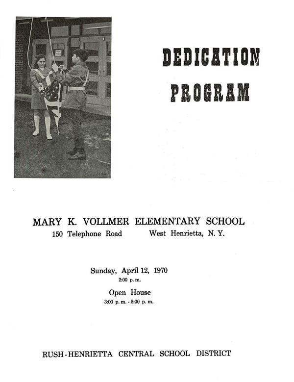 Cover of the dedication program featuring a photo of children raising the US flag